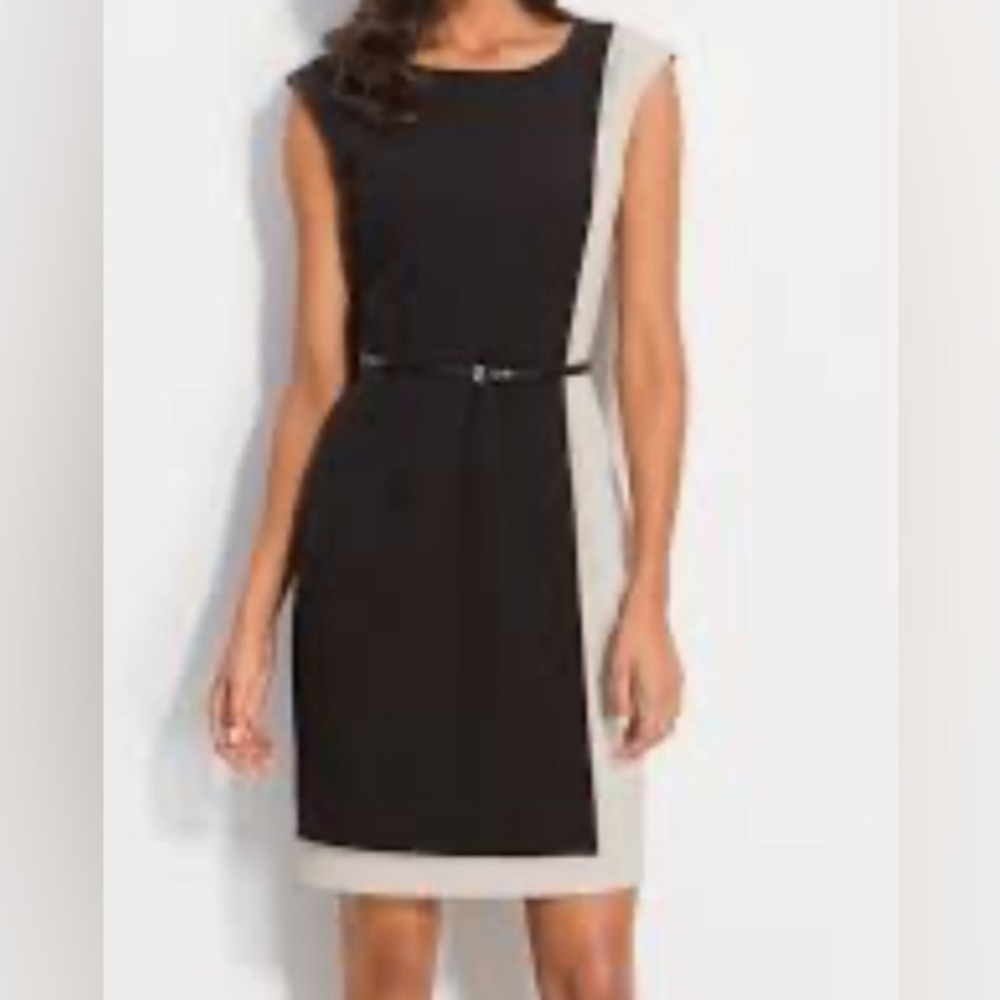Calvin Klein Sleeveless Faux Wrap Color Block Tan Black Belt Dress Women Size 8